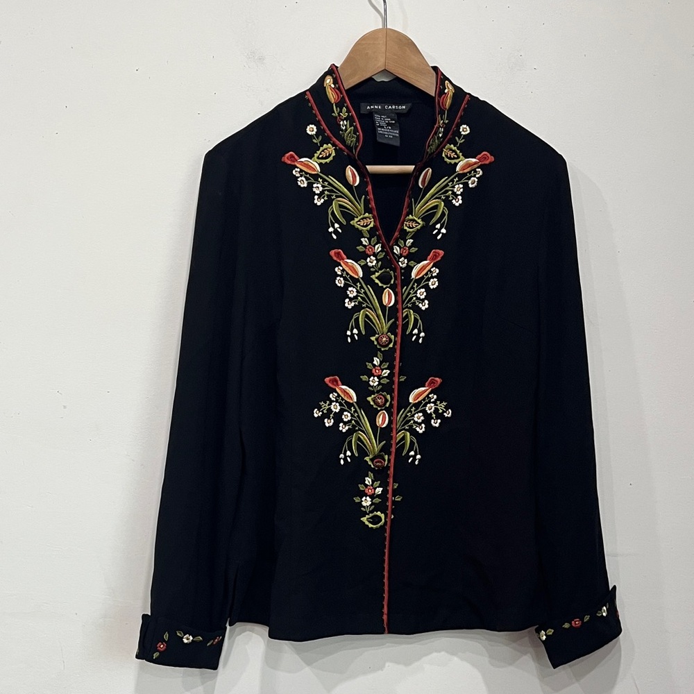 Anne Carson Embroidery Button down Long Sleeve Shirt aBlouse Blazer Black L